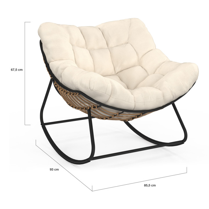 Fauteuil de jardin à bascule LOA effet rotin avec coussin écru