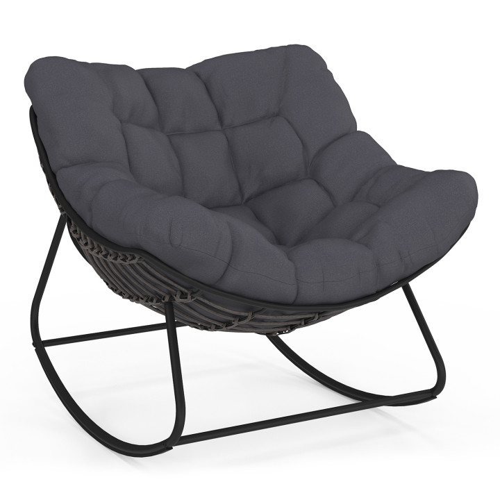 Fauteuil de jardin à bascule LOA effet rotin gris avec coussin gris