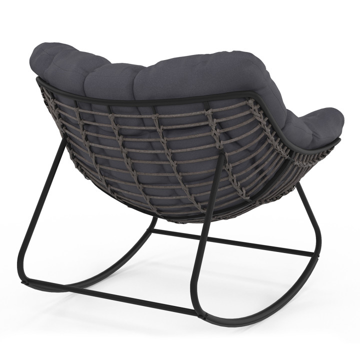 Fauteuil de jardin à bascule LOA effet rotin gris avec coussin gris