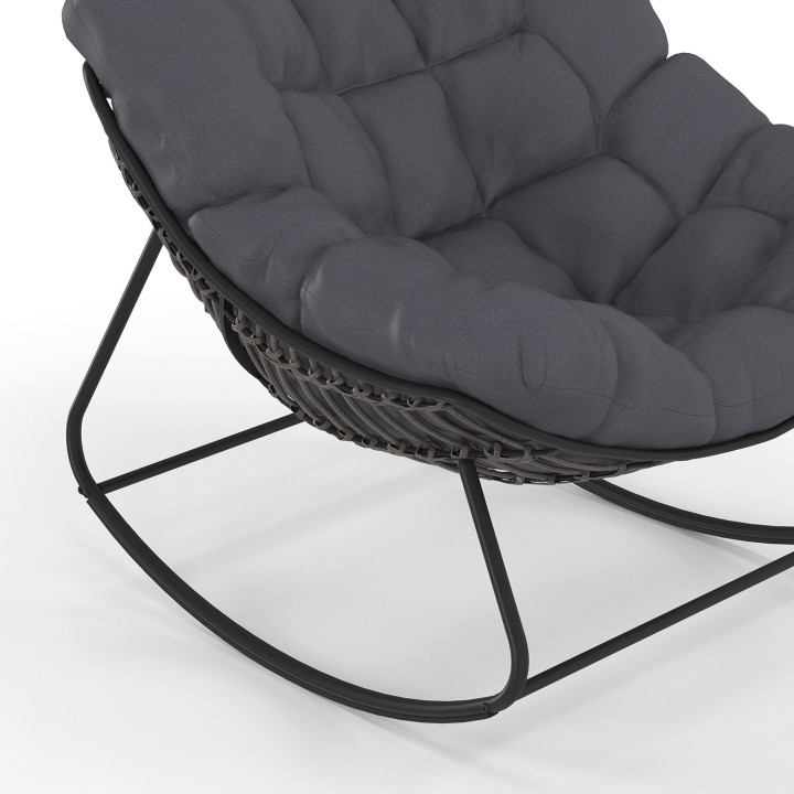 Fauteuil de jardin à bascule LOA effet rotin gris avec coussin gris
