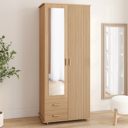 2-türiger Schrank JULIETTE mit Holzlatteneffekt, 80 cm Kleiderschrank mit 2 Schubladen, Spiegel und Regalen