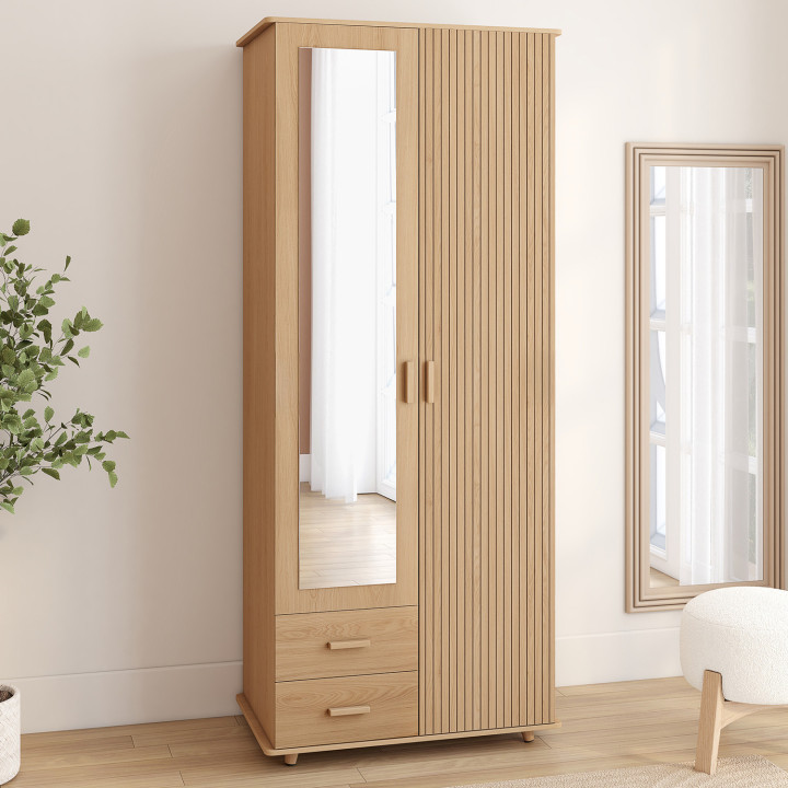Armoire 2 portes JULIETTE effet lattes tasseau bois penderie 80 cm avec 2 tiroirs, miroir et étagères