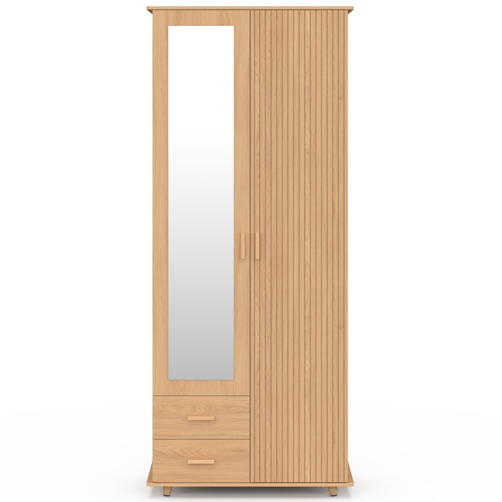 JULIETTE Armario de 2 puertas efecto listones de madera Armario de 80 cm con 2 cajones, espejo y estantes