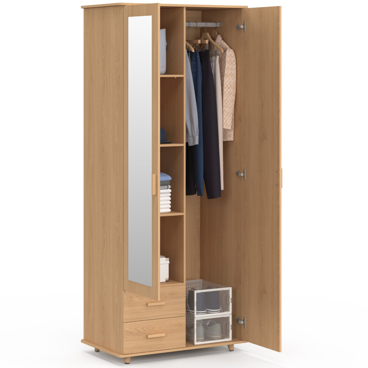 JULIETTE 2-deurs kast met houten lamelleneffect 80 cm kast met 2 laden, spiegel en legplanken