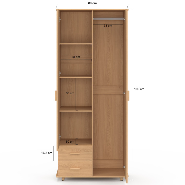 Armoire 2 portes JULIETTE effet lattes tasseau bois penderie 80 cm avec 2 tiroirs, miroir et étagères