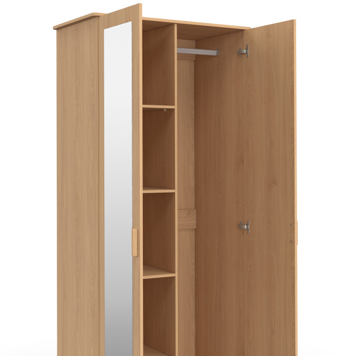 2-türiger Schrank JULIETTE mit Holzlatteneffekt, 80 cm Kleiderschrank mit 2 Schubladen, Spiegel und Regalen