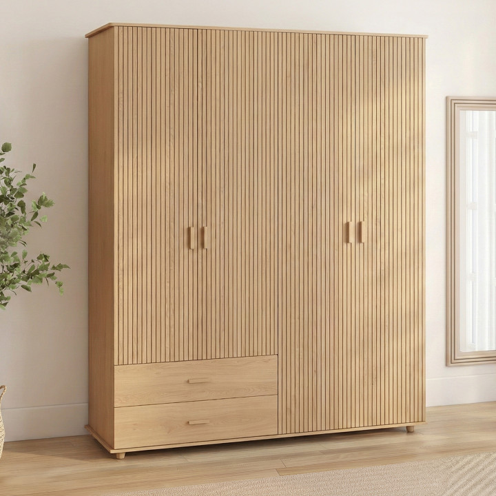 Armoire 4 portes JULIETTE effet lattes tasseau bois coloris chêne penderie 160 cm avec 2 tiroirs et étagères