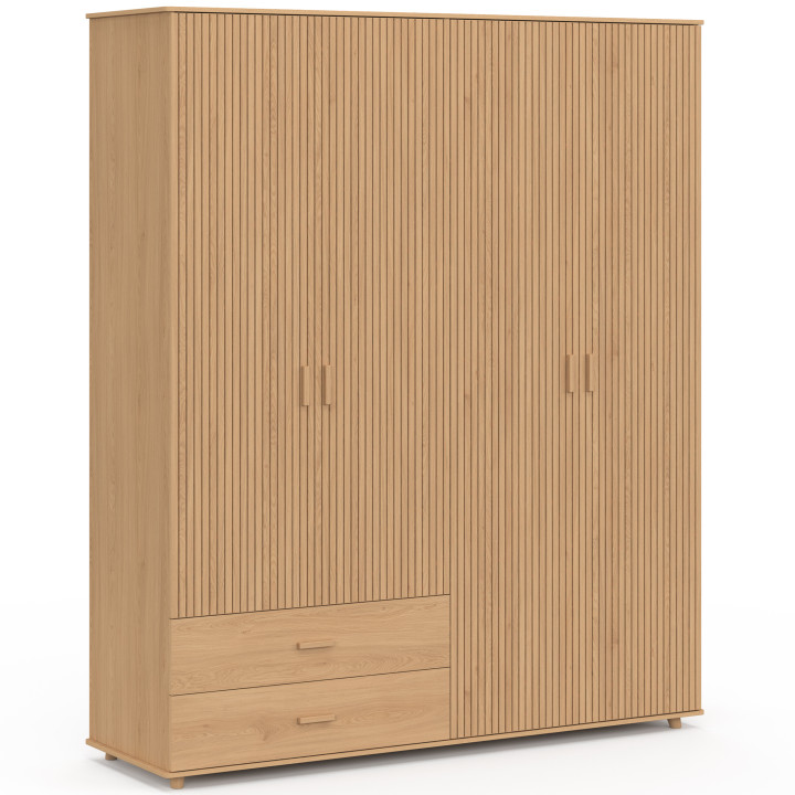JULIETTE Armario de 4 puertas efecto listones de madera en color roble Armario de 160 cm con 2 cajones y estantes