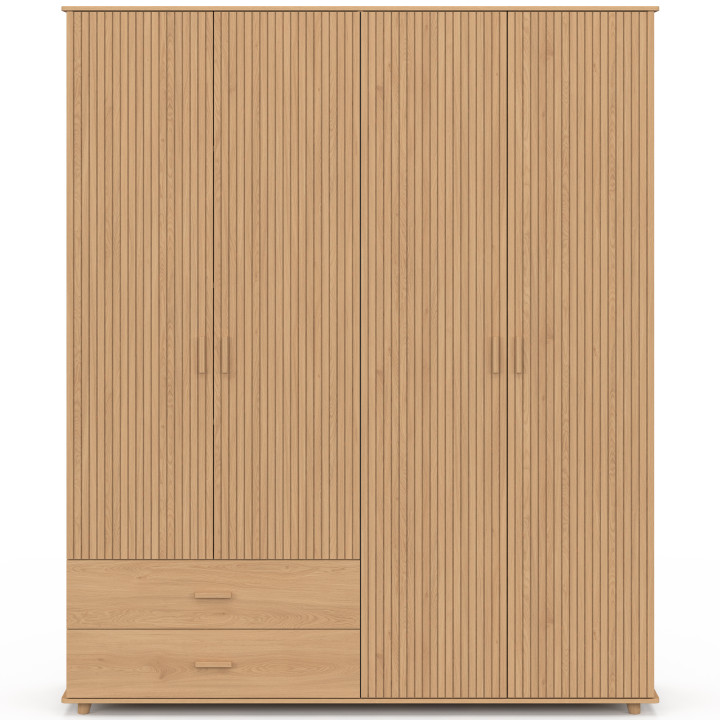 JULIETTE Armario de 4 puertas efecto listones de madera en color roble Armario de 160 cm con 2 cajones y estantes
