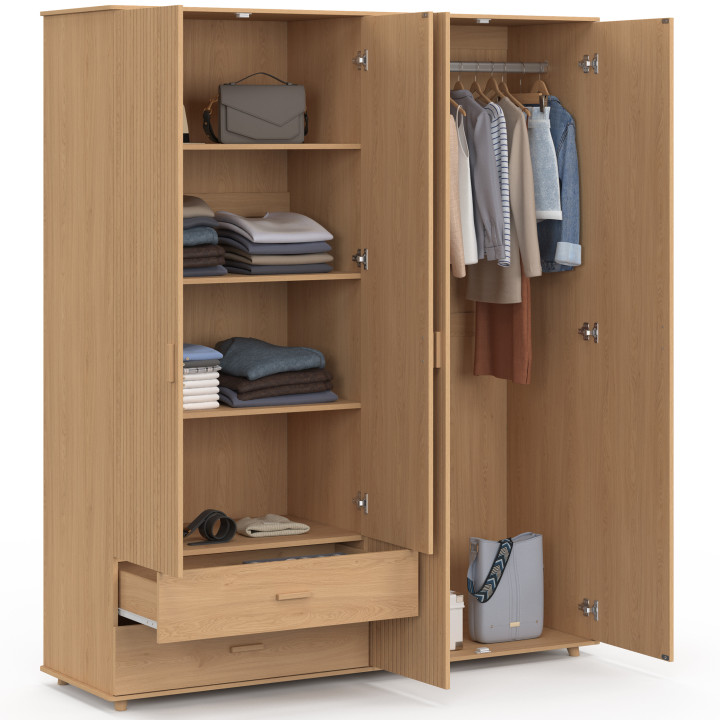 JULIETTE Armario de 4 puertas efecto listones de madera en color roble Armario de 160 cm con 2 cajones y estantes