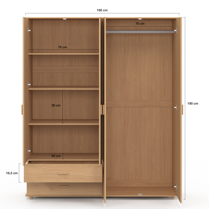 JULIETTE Armario de 4 puertas efecto listones de madera en color roble Armario de 160 cm con 2 cajones y estantes