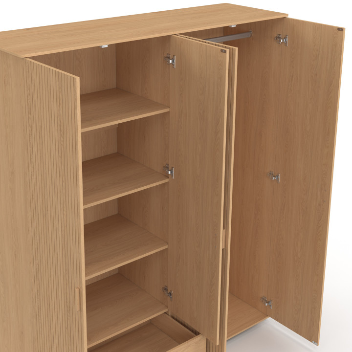 Armoire 4 portes JULIETTE effet lattes tasseau bois coloris chêne penderie 160 cm avec 2 tiroirs et étagères