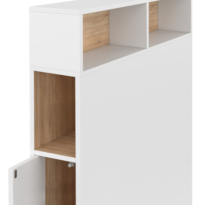 Testiera CLEO 95 cm free-standing con contenitori chiusi e nicchie in bianco e faggio