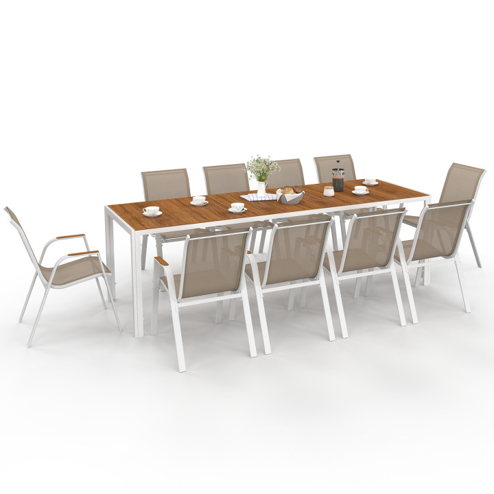 NOUMEA tuinset Houten tafelblad van gehard glas 240 cm en 10 witte en houten stapelstoelen