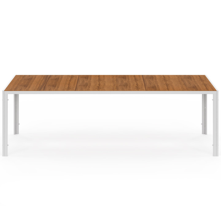 Conjunto de muebles de jardín NOUMEA Tablero de cristal templado efecto madera 240 cm y 10 sillas apilables blancas y de madera