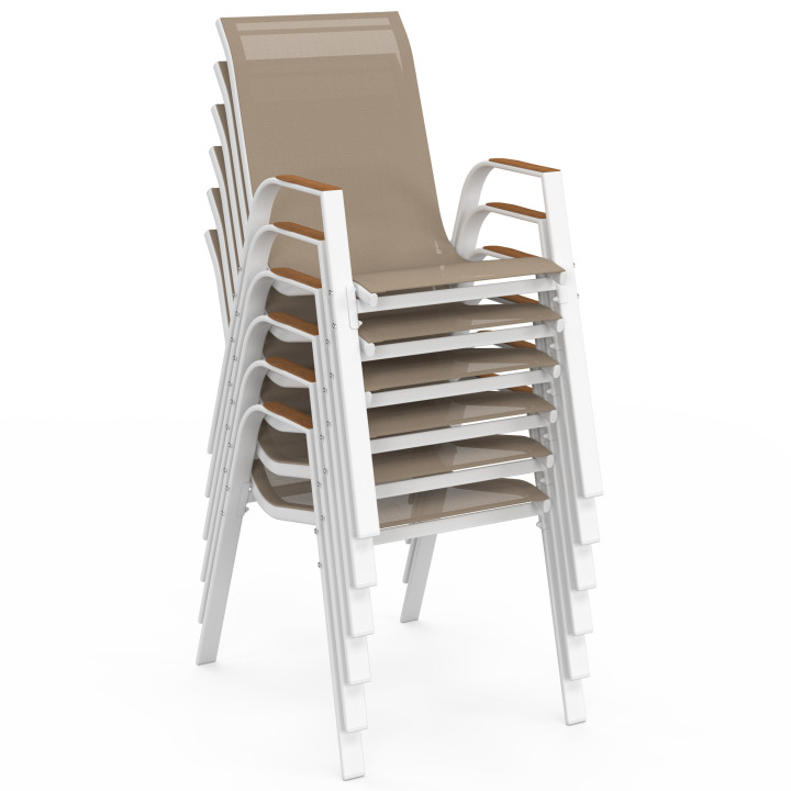 NOUMEA tuinset Houten tafelblad van gehard glas 240 cm en 10 witte en houten stapelstoelen