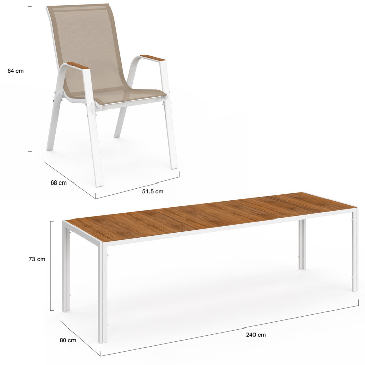 Set di mobili da giardino - Tavolo da 240 cm con piano in vetro temperato effetto legno e 10 sedie impilabili bianche e in legno