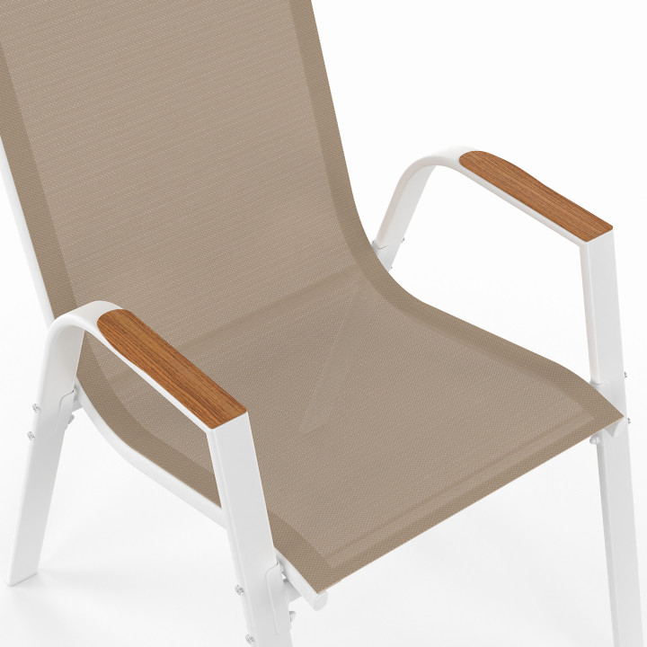 Conjunto de muebles de jardín NOUMEA Tablero de cristal templado efecto madera 240 cm y 10 sillas apilables blancas y de madera