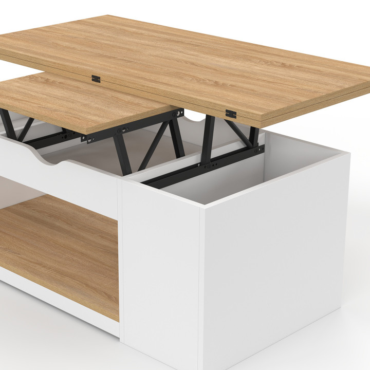 Tavolino rettangolare con piano sollevabile, trasformabile in tavolo da pranzo ELEA, 100 cm, legno bianco e impiallacciato faggi