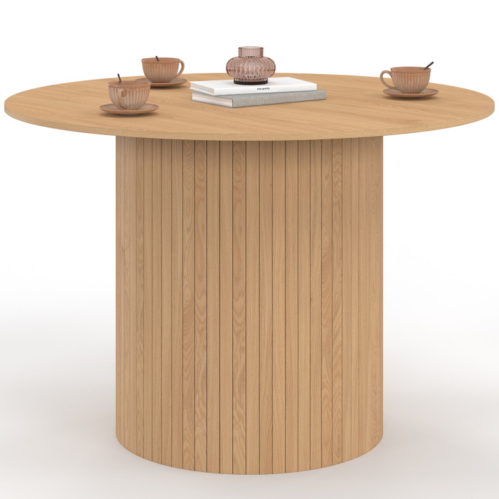 Table à manger ronde JULIETTE 6 personnes pied central effet lattes 110 cm