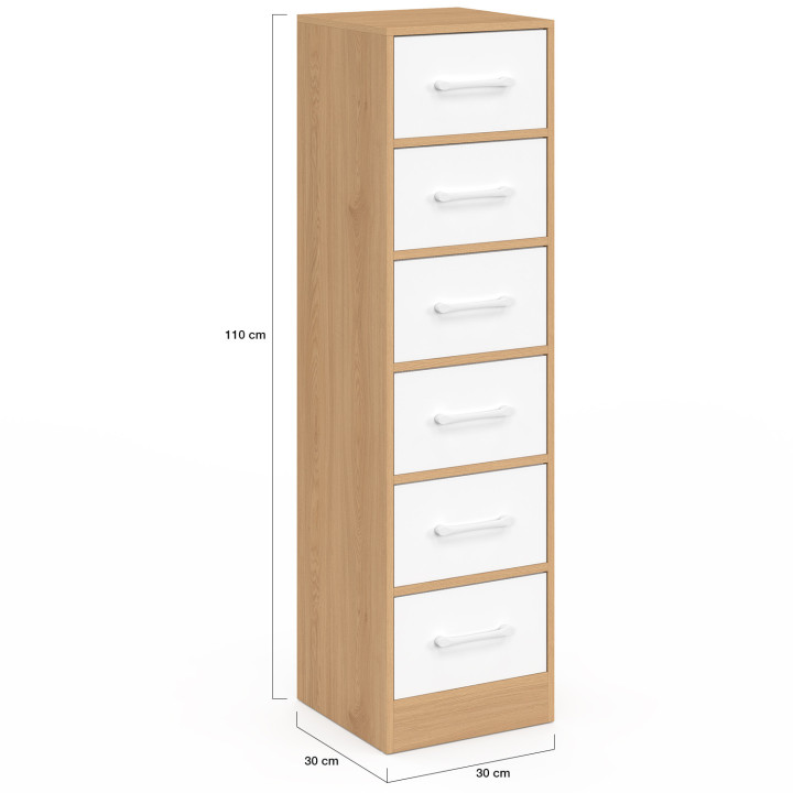 Mobile ausiliario a 6 cassetti UPPAH, cassettiera da 30 cm, mobile contenitore in legno effetto faggio e bianco