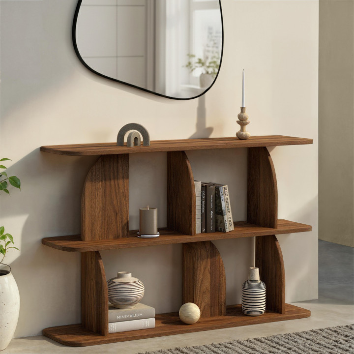 Etagère 2 niveaux japandi EDITH asymétrique bois effet noyer