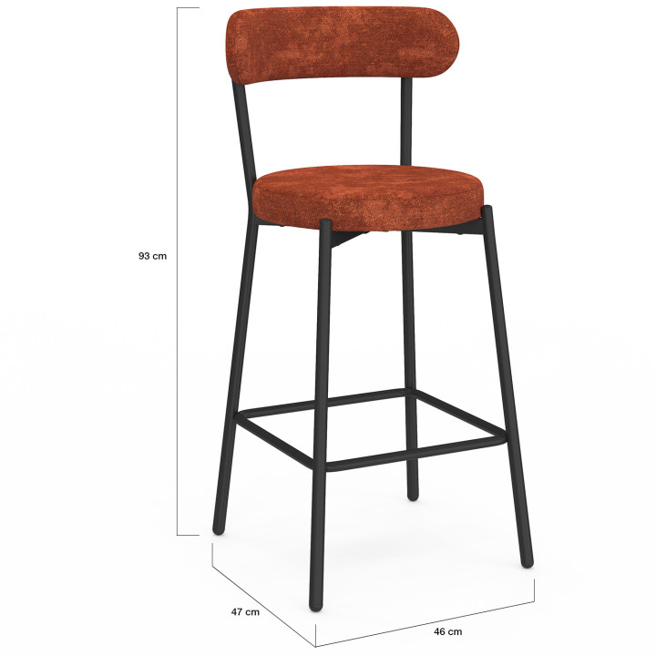 Set van 4 MIKI-barkrukken met gebogen rugleuning van terracotta-kleurige chenille en zwarte metalen poten