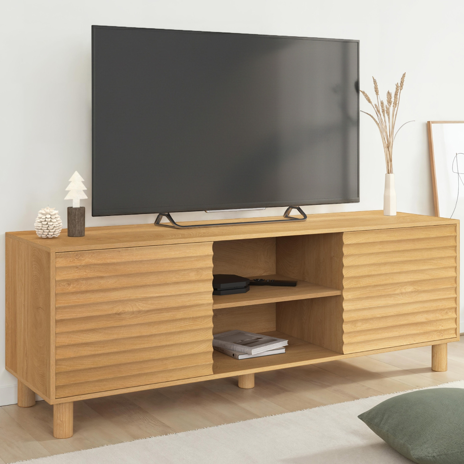 IDMARKET Meuble TV 140 cm JULIE 2 portes lattes tasseau bois coloris ch&ecirc;ne