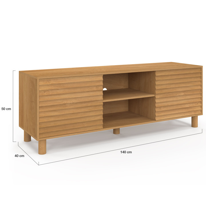 Mueble TV JULIE 140 cm con 2 puertas de lamas color roble