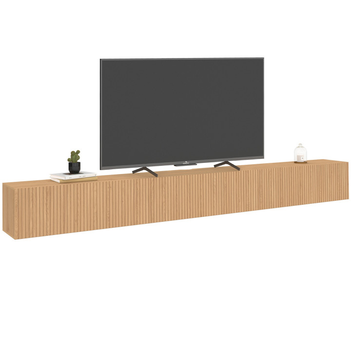 Mobile TV sospeso JULIETTE 270 cm con 3 doghe in legno color rovere
