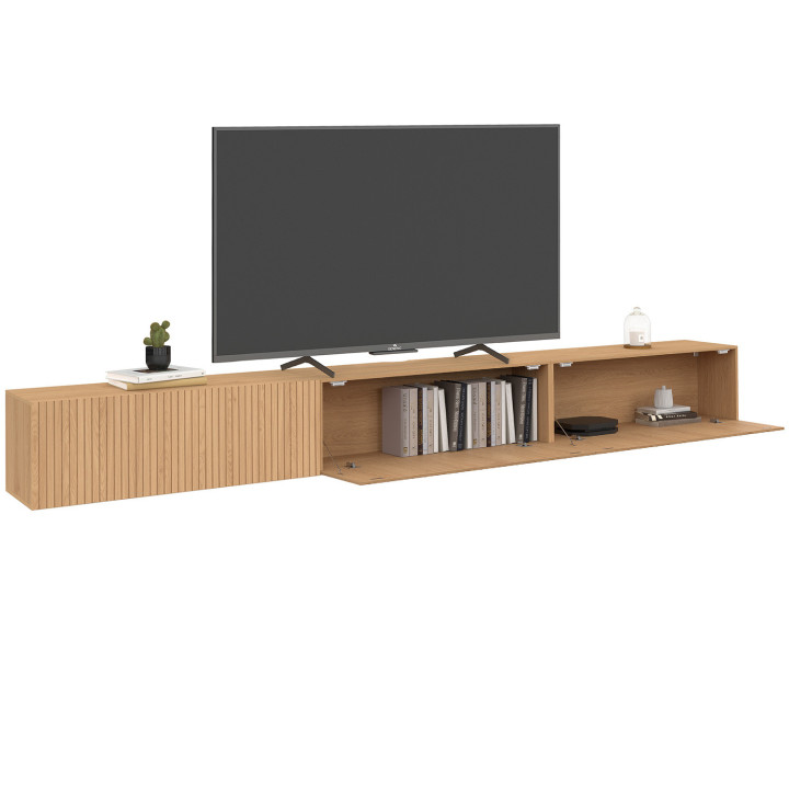 Mobile TV sospeso JULIETTE 270 cm con 3 doghe in legno color rovere