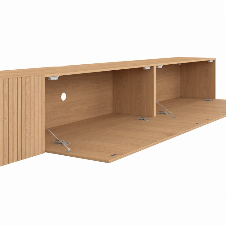 Meuble TV 270 cm suspendu JULIETTE 3 portes lattes tasseau bois coloris chêne