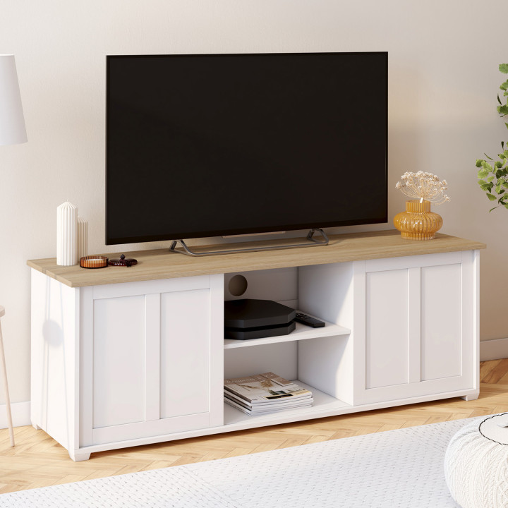 Mobile TV JANGO 140 cm con 2 ante scorrevoli bianche e piano in legno