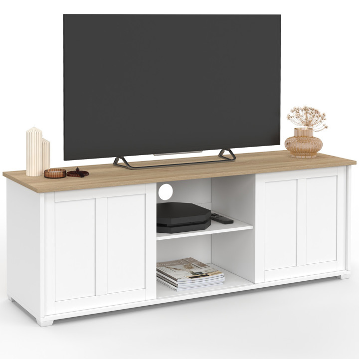 Mobile TV JANGO 140 cm con 2 ante scorrevoli bianche e piano in legno
