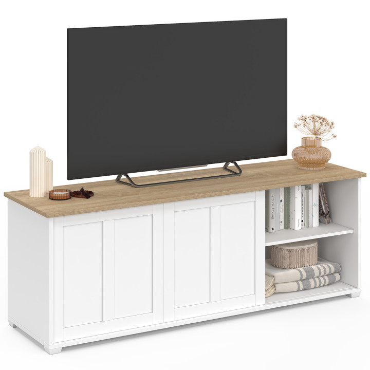 Mobile TV JANGO 140 cm con 2 ante scorrevoli bianche e piano in legno