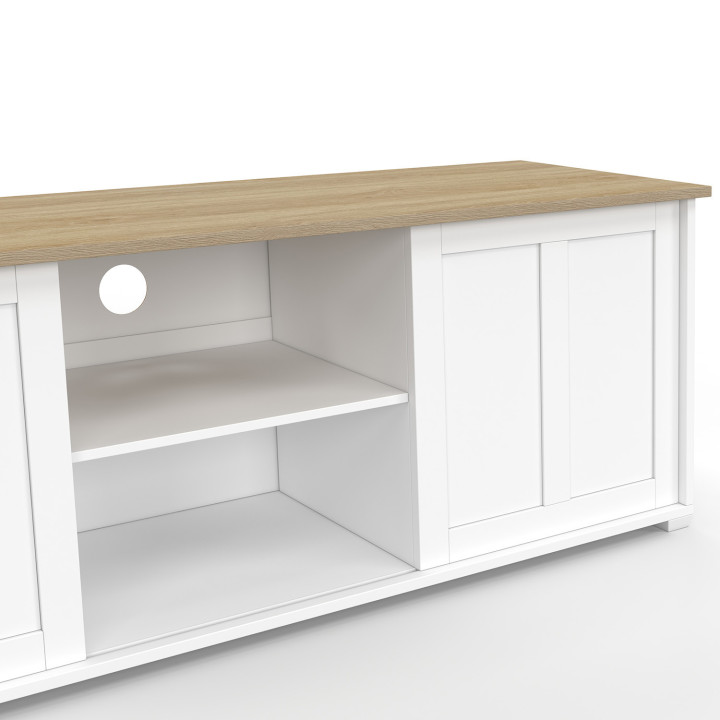 Mobile TV JANGO 140 cm con 2 ante scorrevoli bianche e piano in legno
