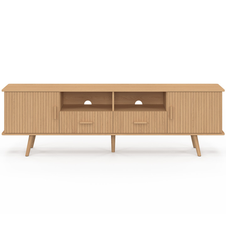 Meuble TV 180 cm JULIETTE 2 portes et 2 tiroirs lattes tasseau bois coloris chêne