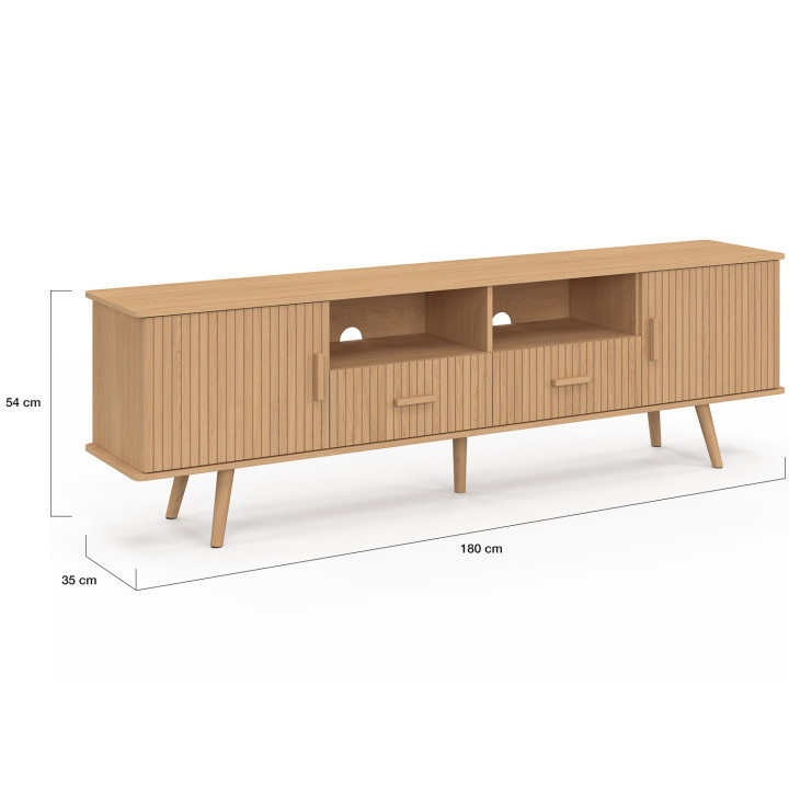 JULIETTE 180 cm TV-meubel met 2 deuren en 2 laden, eikenhouten latten