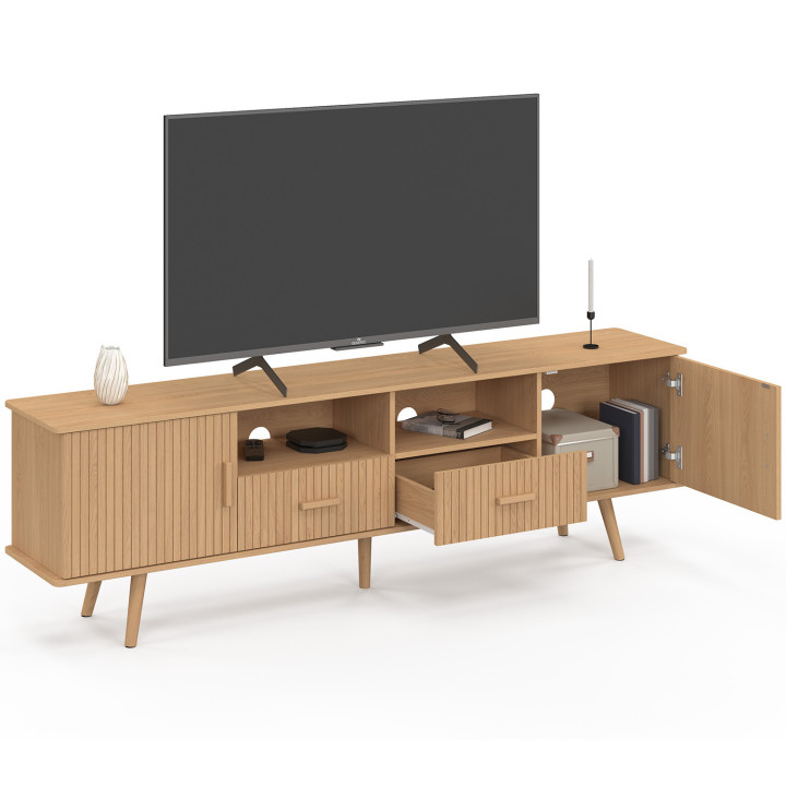 Mobile TV JULIETTE 180 cm con 2 ante e 2 cassetti, doghe in legno color rovere