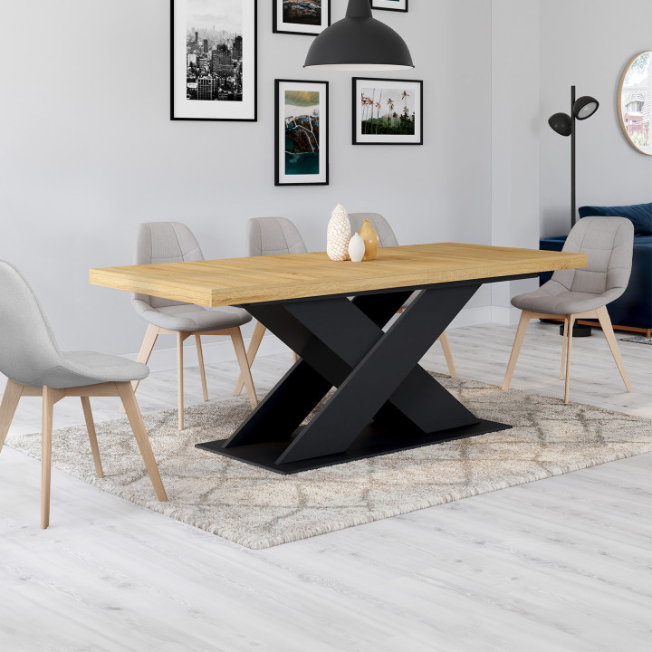 Table à manger extensible rectangle ALICIA 8-12 personnes bois et noir 200-250 cm