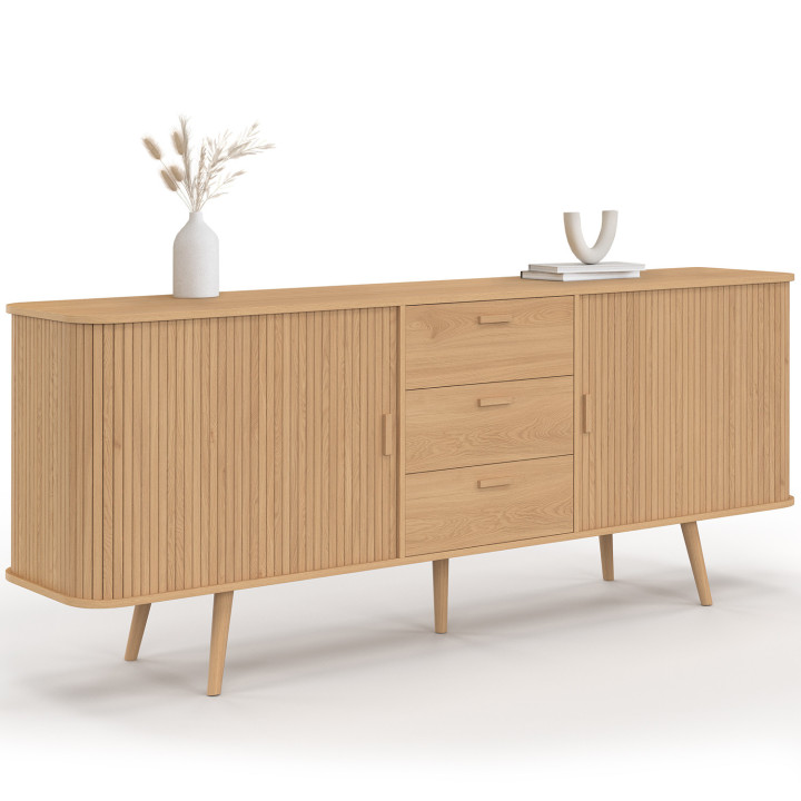 Credenza ROMIE XXL 200 cm con effetto doghe, 2 porte scorrevoli e 3 cassetti