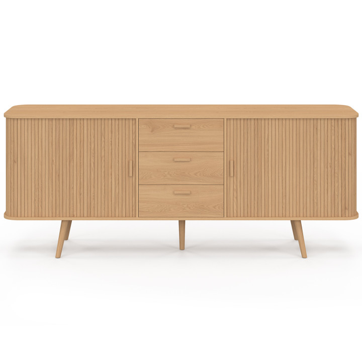 Credenza ROMIE XXL 200 cm con effetto doghe, 2 porte scorrevoli e 3 cassetti