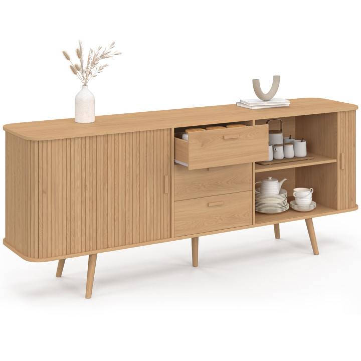 Credenza ROMIE XXL 200 cm con effetto doghe, 2 porte scorrevoli e 3 cassetti