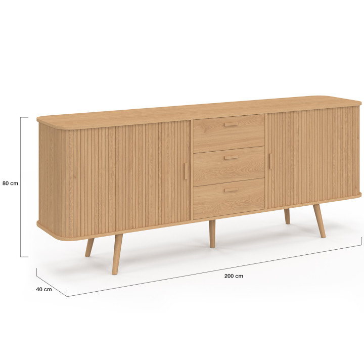 Credenza ROMIE XXL 200 cm con effetto doghe, 2 porte scorrevoli e 3 cassetti
