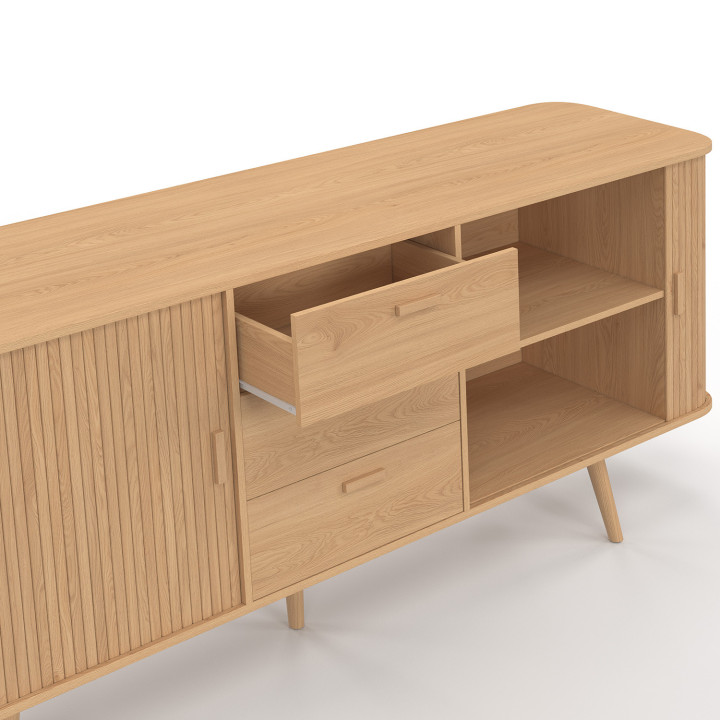 Credenza ROMIE XXL 200 cm con effetto doghe, 2 porte scorrevoli e 3 cassetti
