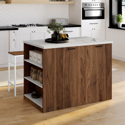 Zentralinsel TIBO 120 cm dunkles Holz in Nussbaumoptik mit Arbeitsplatte in Marmoroptik ALASKA