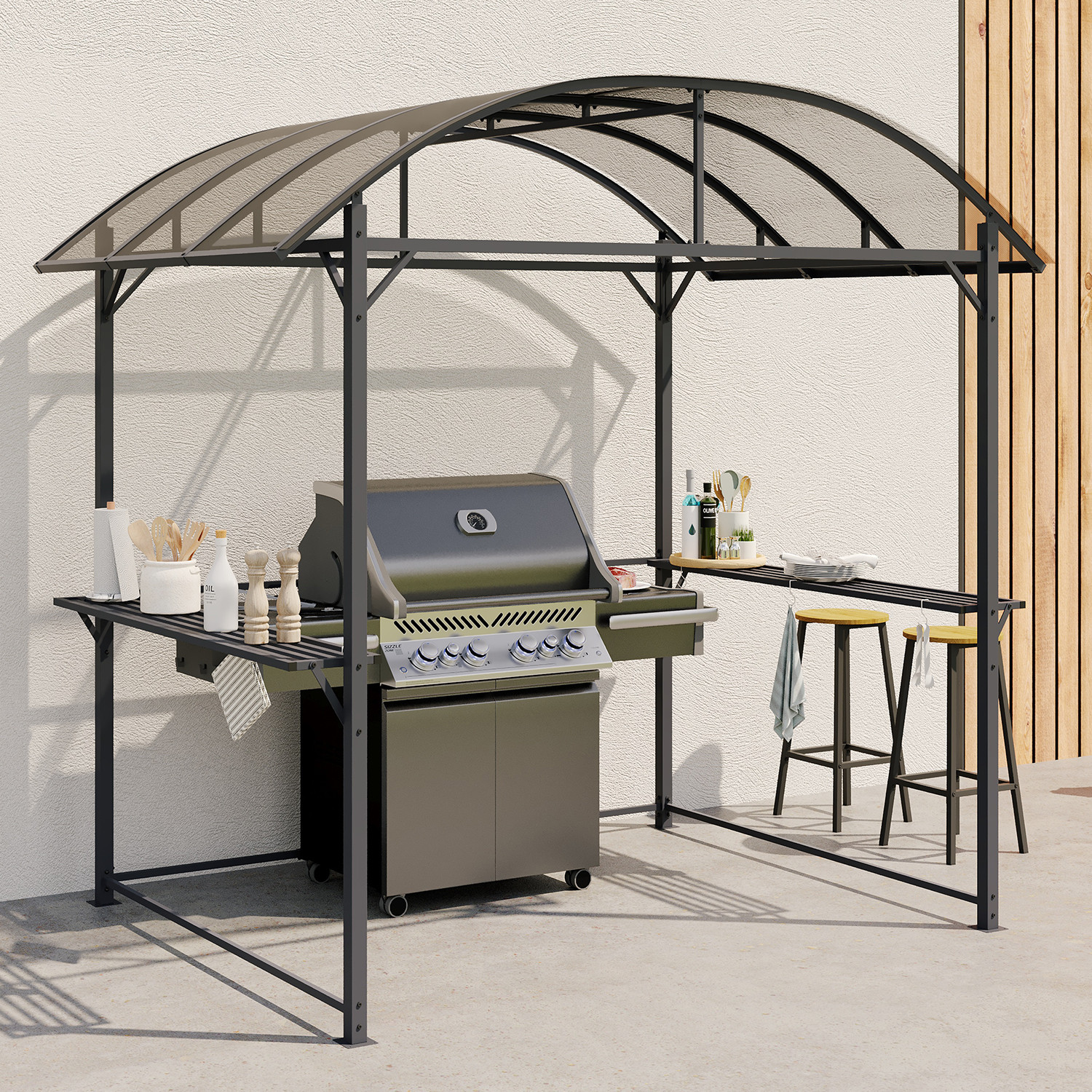 Abri pour barbecue 240 x 150 x 220 cm avec étagères, en métal gris et toit en polycarbonate