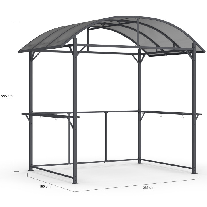 Barbecue schuilplaats 240 x 150 x 220 cm met planken, grijs metaal en polycarbonaat dak