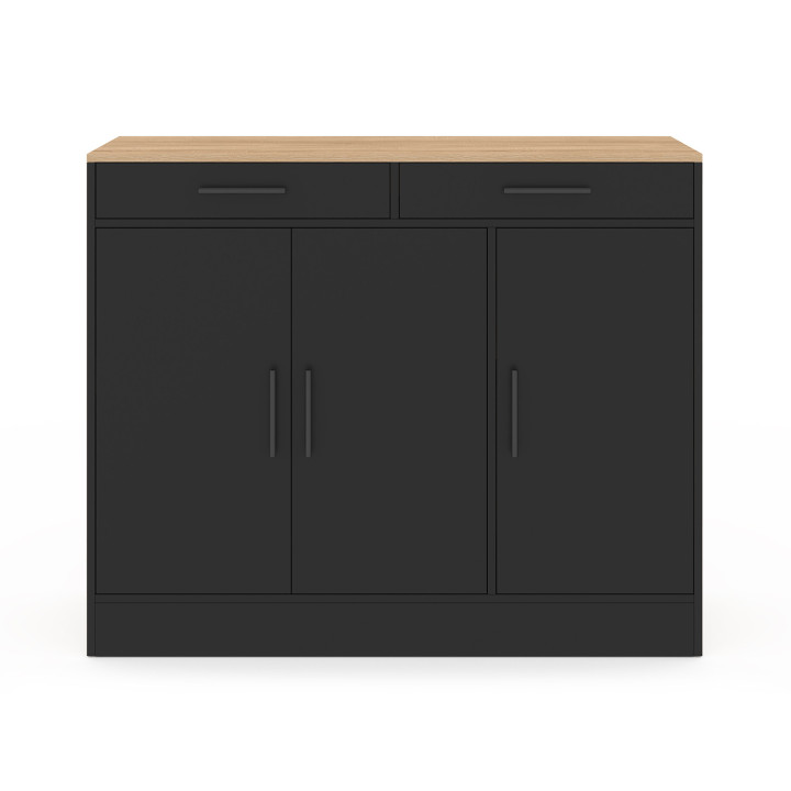 Buffet bas de cuisine 110 cm ALTO avec rangements façon hêtre et noir