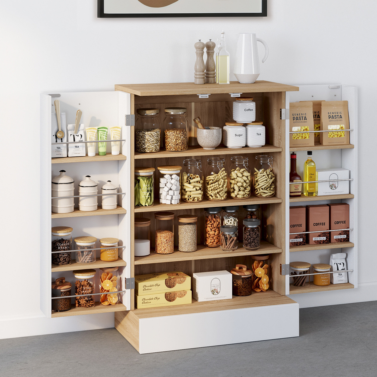 Buffet bas de cuisine H.90 cm avec rangements blanc et bois